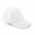 A side view of the Beechfield BC059, a straightforward white baseball cap featuring a curved brim and small eyelets for ventilation.