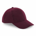 A maroon BC065 baseball cap by Beechfield, featuring a curved brim and button top.