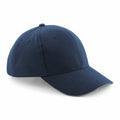 Introducing the Beechfield BC065: a dark blue baseball cap featuring a curved brim and a small button on top, beautifully presented against a white background.
