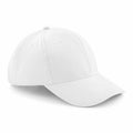 A Beechfield BC065 plain white baseball cap featuring a curved brim and six-panel design, displayed on a white background.