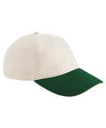 Caps featuring a beige crown and a dark green curved peak, displayed against a white background.