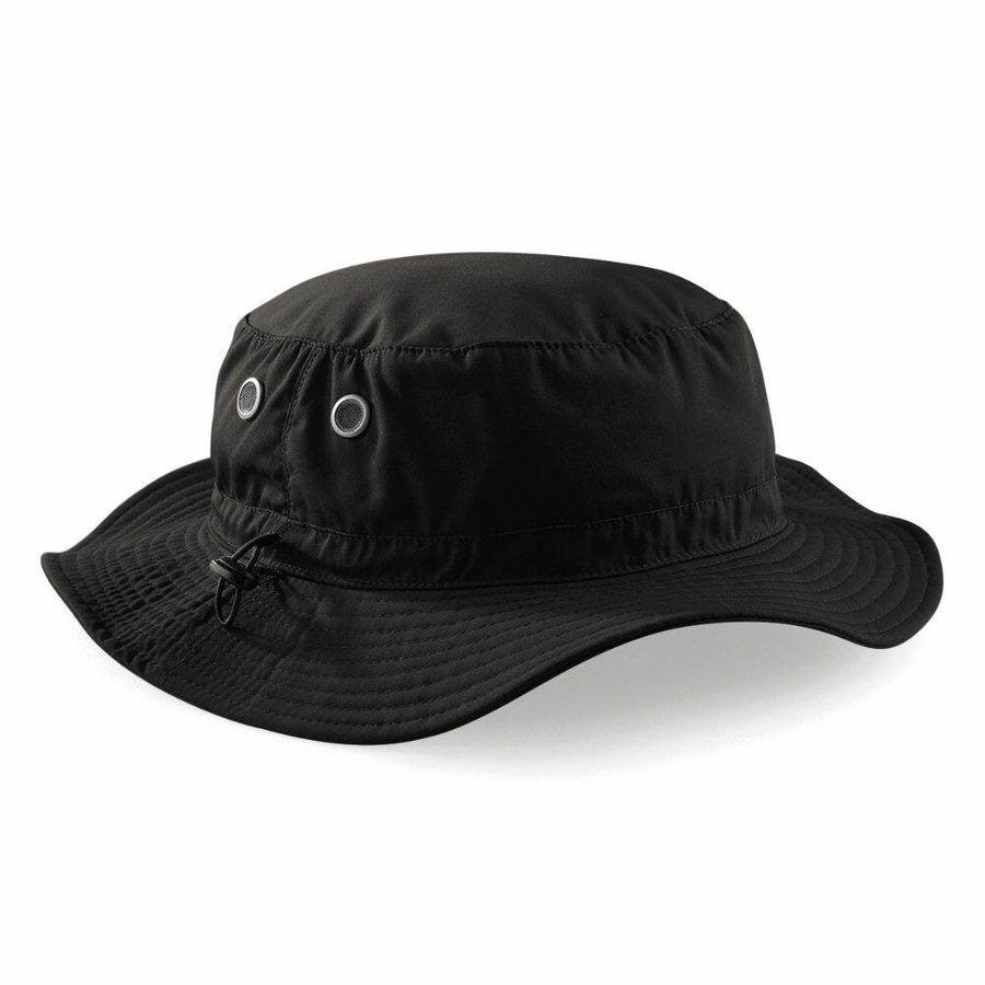 The Beechfield BC088 is a black bucket hat featuring a wide brim and two metal ventilation eyelets on each side.