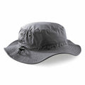 Beechfield BC088 bucket hat in gray, featuring ventilation eyelets and an adjustable chin strap.
