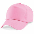 The Beechfield BC10B is a pink baseball cap featuring a curved brim and an adjustable strap, showcased against a plain white background.