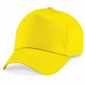 A BC10B baseball cap by Beechfield, presented against a plain white backdrop, showcases a vibrant yellow color with a curved brim and top button. The cap is designed without any visible logos or markings.