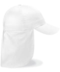 A Beechfield BC11B white baseball cap with an extended neck flap for sun protection, displayed from the side.