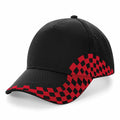 Beechfield's BC159 black baseball cap featuring a red checkered pattern on the front and brim.