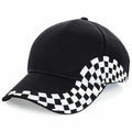 A Beechfield BC159 baseball cap featuring a black design with a white checkered pattern along the side and brim.