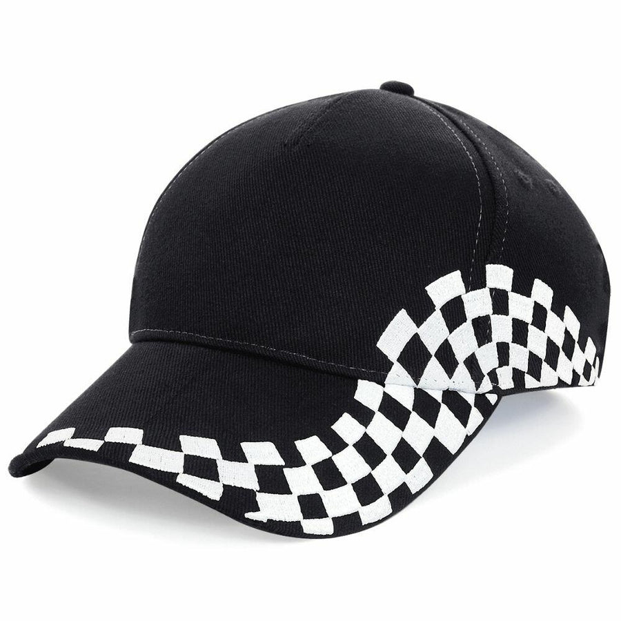 A Beechfield BC159 baseball cap featuring a black design with a white checkered pattern along the side and brim.