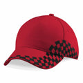 A Beechfield BC159 red baseball cap with a black checkered pattern on the side.