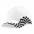 The Beechfield BC159 is a white baseball cap featuring a black and white checkered pattern along the brim and side, complete with a curved visor and an adjustable back.