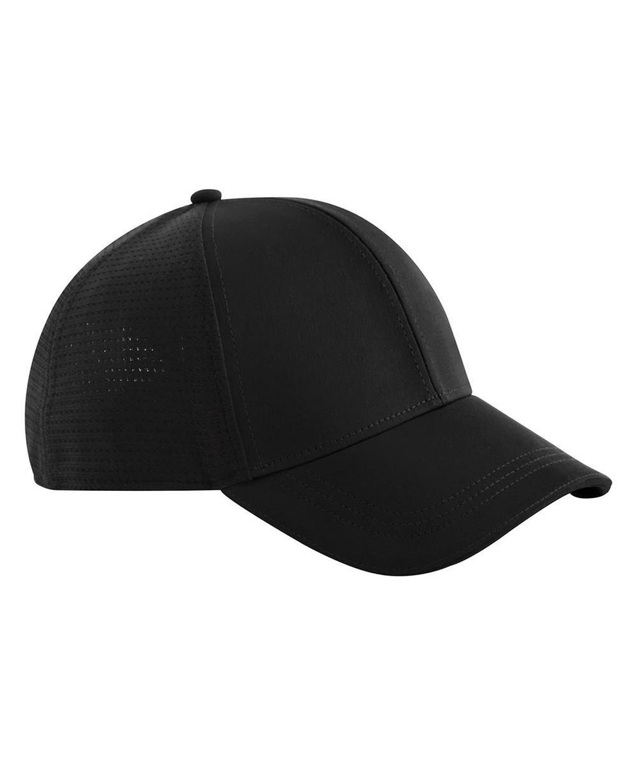 The Caps baseball cap features a black colour, curved brim, and mesh side panels, displayed against a white background.