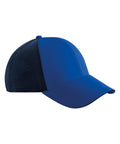 The Caps product features a solid blue front and bill, curved brim, button top, and a black mesh back panel.