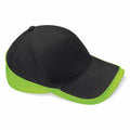The Beechfield BC171 is a stylish baseball cap in black and green, featuring a green brim and back panel. It is displayed against a white background, with two small ventilation holes visible on the side.
