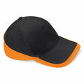 The Beechfield BC171 is a black baseball cap with an orange brim and orange edge, featuring ventilation eyelets on the sides.