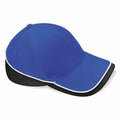 Check out the Beechfield BC171 baseball cap, which boasts a blue front and top with contrasting black at the underside of the brim and back. This stylish accessory also features a curved brim, white trim, and two ventilation holes on the blue panel.