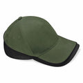 The Beechfield BC171 is a green baseball cap featuring a black curved bill and a black back panel. It includes two small ventilation holes on each side and a button on top, all set against a plain white background.