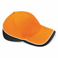 The BC171 cap by Beechfield features an orange design with a black and white-trimmed visor, a black back panel, a curved brim, and a button on top.