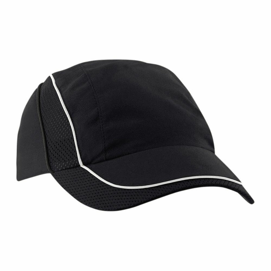 The BC182 from Beechfield is a black baseball cap featuring white piping and mesh sides.