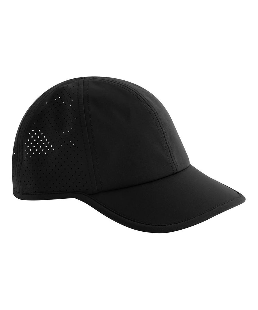 Caps in black with a curved brim and perforated side panels for ventilation, displayed on a white background.