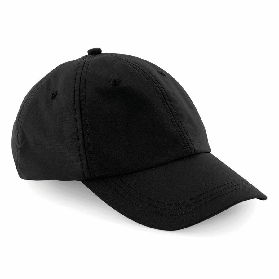 The Beechfield BC187 is a plain black baseball cap featuring a curved brim and an adjustable strap at the back, presented against a white background.