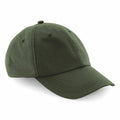 The BC187 by Beechfield is a plain, dark green baseball cap featuring a curved brim and a button on top. It also includes stitched paneling and eyelets for ventilation.