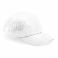 The BC188 by Beechfield is a white baseball cap featuring a curved brim and side ventilation holes. It boasts a plain design and is shown in a photograph set against a white background.