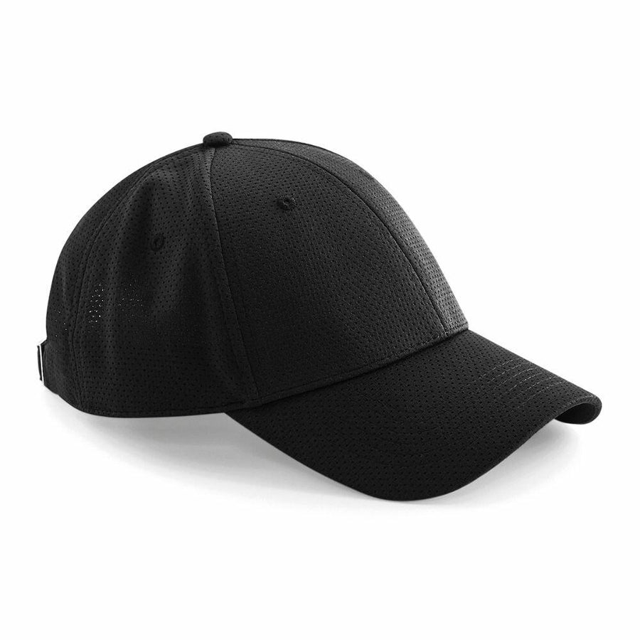 A BC196 black baseball cap from Beechfield, featuring a textured fabric and a curved brim.