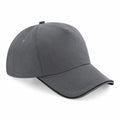 Introducing the Beechfield BC25C: a stylish gray baseball cap boasting a classic six-panel design, complete with a button on top and a curved brim highlighted by a darker outline.