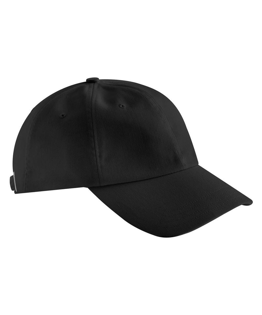 The Caps product is a plain black baseball cap with a curved peak, seen from the front left, and features stitching details plus an adjustable back strap.