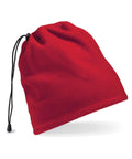 Beechfield BC285 is a red drawstring fleece beanie that features a black adjustable cord, set against a white background.