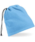 A fleece beanie in light blue with an adjustable black drawstring on top, labeled as the BC285 from Beechfield, is lying flat on a white background.