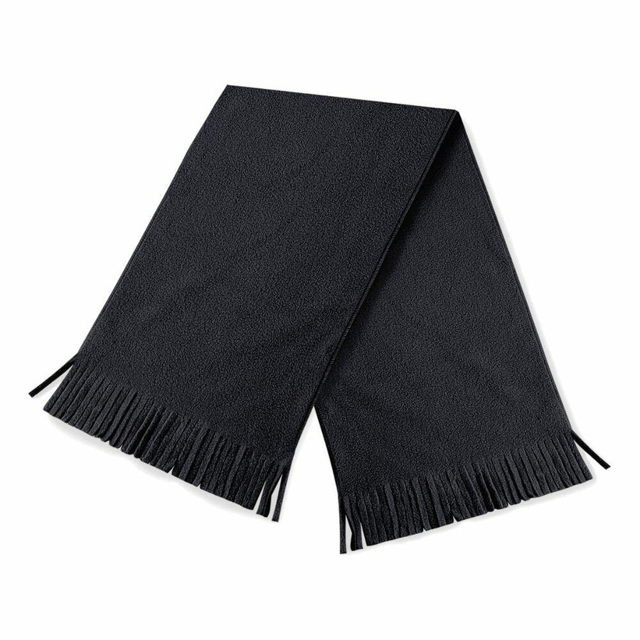The Beechfield BC291 scarf in black with fringed ends is folded neatly.
