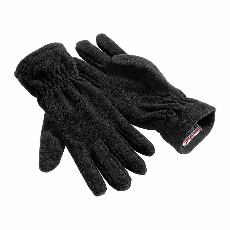 A pair of BC296 fleece gloves in black, featuring one glove laid flat and the other slightly overlapping, complete with a small Beechfield label on the cuff edge.