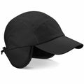 The BC355 by Beechfield is a winter cap in black, featuring ear flaps and a curved brim.