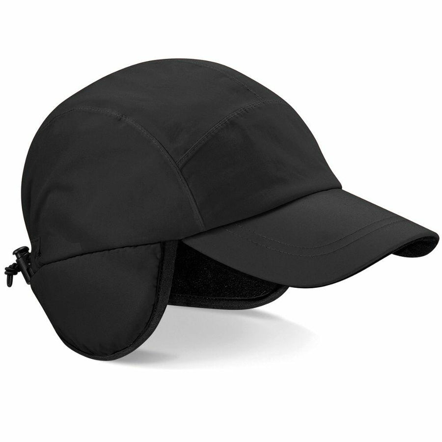 The BC355 by Beechfield is a winter cap in black, featuring ear flaps and a curved brim.