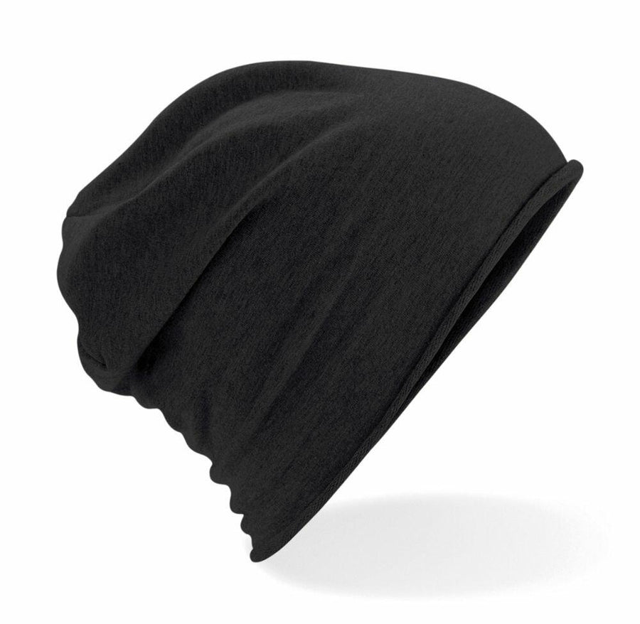 The BC361 slouchy beanie from Beechfield, in black, is displayed against a white background.