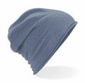 The Beechfield BC361 blue slouch beanie hat set against a white background.