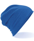 A Beechfield BC361 blue beanie hat with a slouchy, relaxed fit is displayed against a white background.