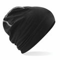 A Beechfield BC366 black slouchy beanie accented with contrasting seams, showcased on a white background.
