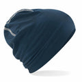 A Beechfield BC366 dark blue beanie featuring a seam design on the side.