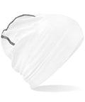 Introducing Beechfield's BC366 beanie hat, showcased in white with an understated black stitched line design on one side. The hat stands out against a plain white background, emphasizing its elegant and minimalist style.