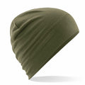 Beechfield's BC370 olive green slouchy beanie hat, featuring a visible seam detail, laid flat against a white background.