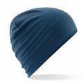 A Beechfield BC370 blue slouchy beanie hat on a white background.