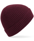 Featured in the image is a maroon Beechfield BC380 knit beanie, showcasing a ribbed texture. The design includes a folded brim and the beanie is displayed against a plain white background.