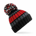 Beechfield's BC392 is a knitted beanie designed with red, gray, and black stripes and topped with a multicolored pom-pom.