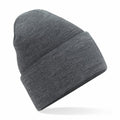 A gray Beechfield knit beanie hat, model BC40R, featuring a folded brim, showcased on a white background.