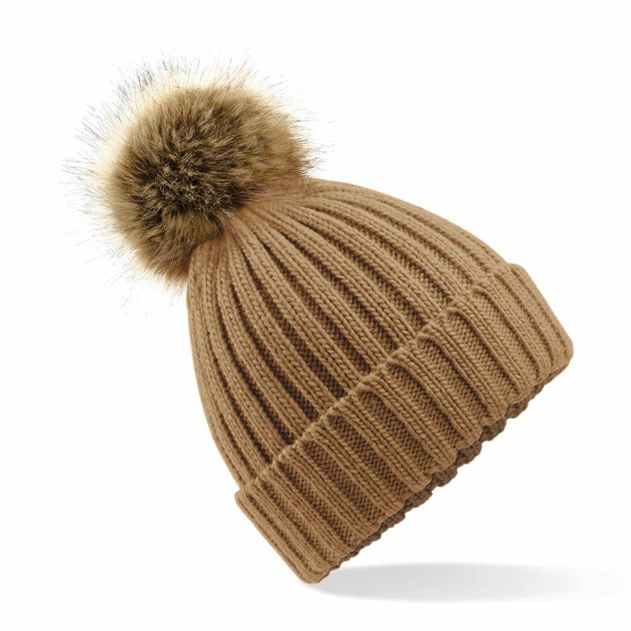 Beechfield BC412 beanie in brown featuring a large faux fur pom-pom on top.