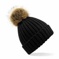 Beechfield BC412 black knit beanie with a brown faux fur pom-pom on top.