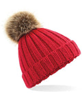 The product, BC412 by Beechfield, is a red knitted beanie with a brown faux fur pom-pom on top.